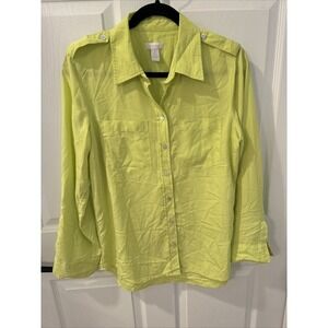 Chico Sz 1 Design Shirt Women US medium Green Microsuede ButtonUp RollTab Sleeve
